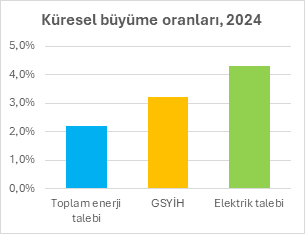 Bar chart headed "Global growth rates, 2024", comparing three measures: total energy demand a little over 2%, GDP a little over 3%, and electricity demand a little over 4%. Electricity demand grew about twice as fast as total energy demand. The labels are in Turkish in the image.