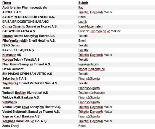 Table of 27 companies with an SBTi target in Türkiye, each against its sector. The company names are given in their own spelling; the sector column is in Turkish in the image, and the caption gives those sectors in English.